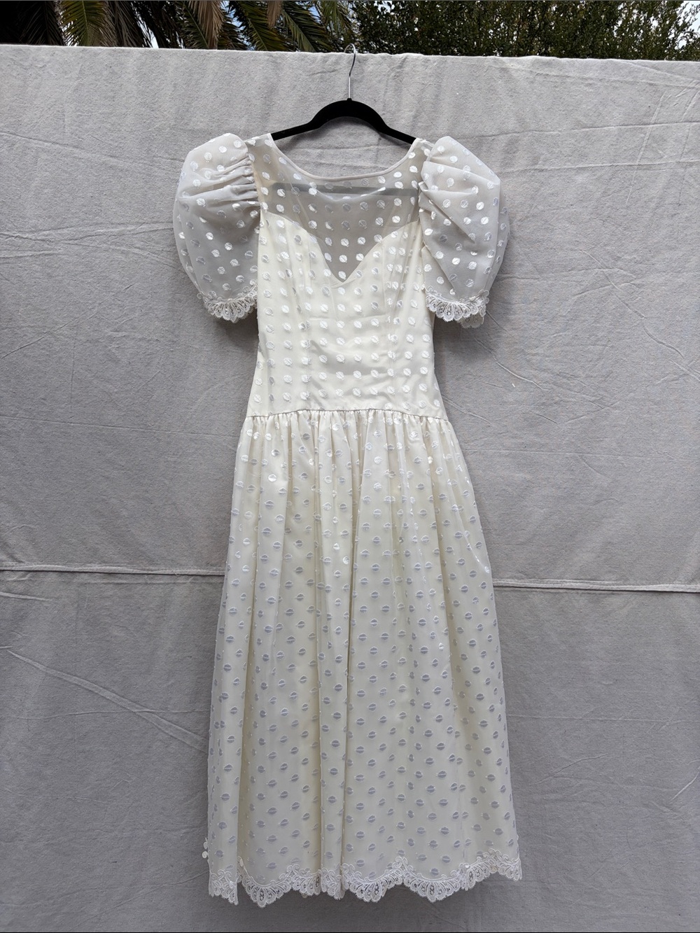Ivory Puff-Sleeve Midi Dress with Swiss Dot Detail